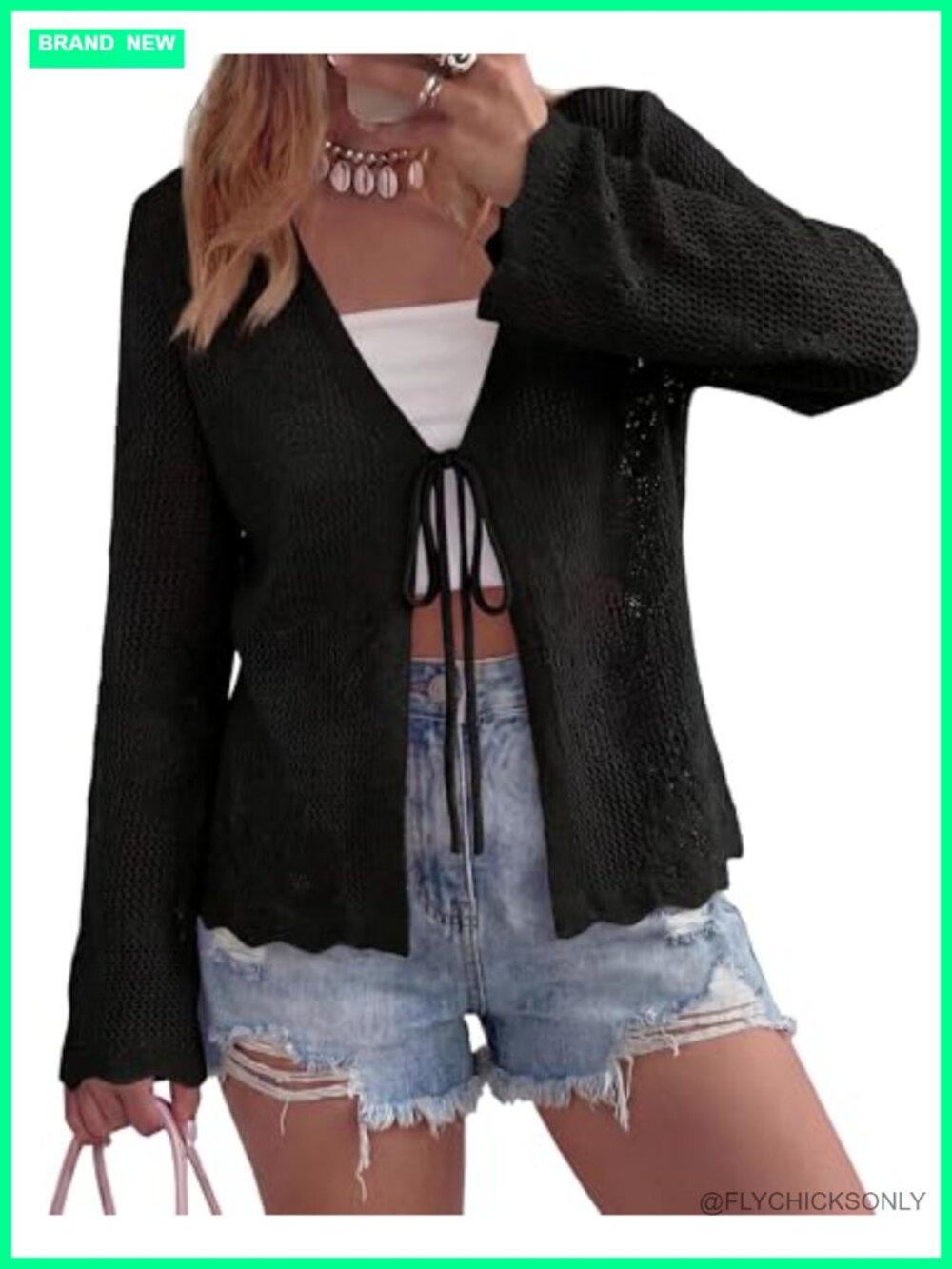 Women's Crochet Knit Long Bell Sleeve Tie-Front Cardigan